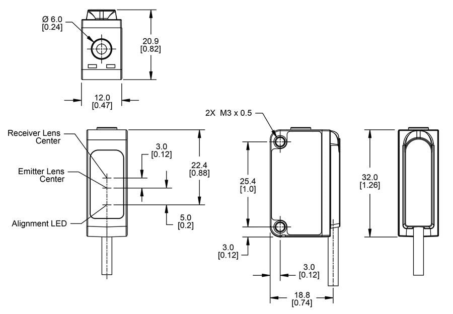 Technische Zeichnung - Banner Engineering Q20-2 polarisierte retroreflektierende Sensoren
